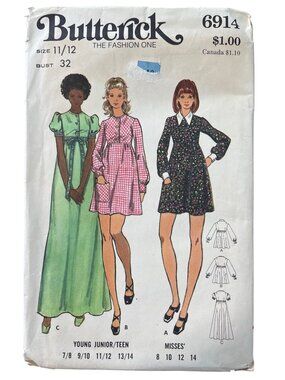 Vintage Butterick 6914 Sewing Pattern Size 11/12 Two Length Dresses Bust 32 CUT
